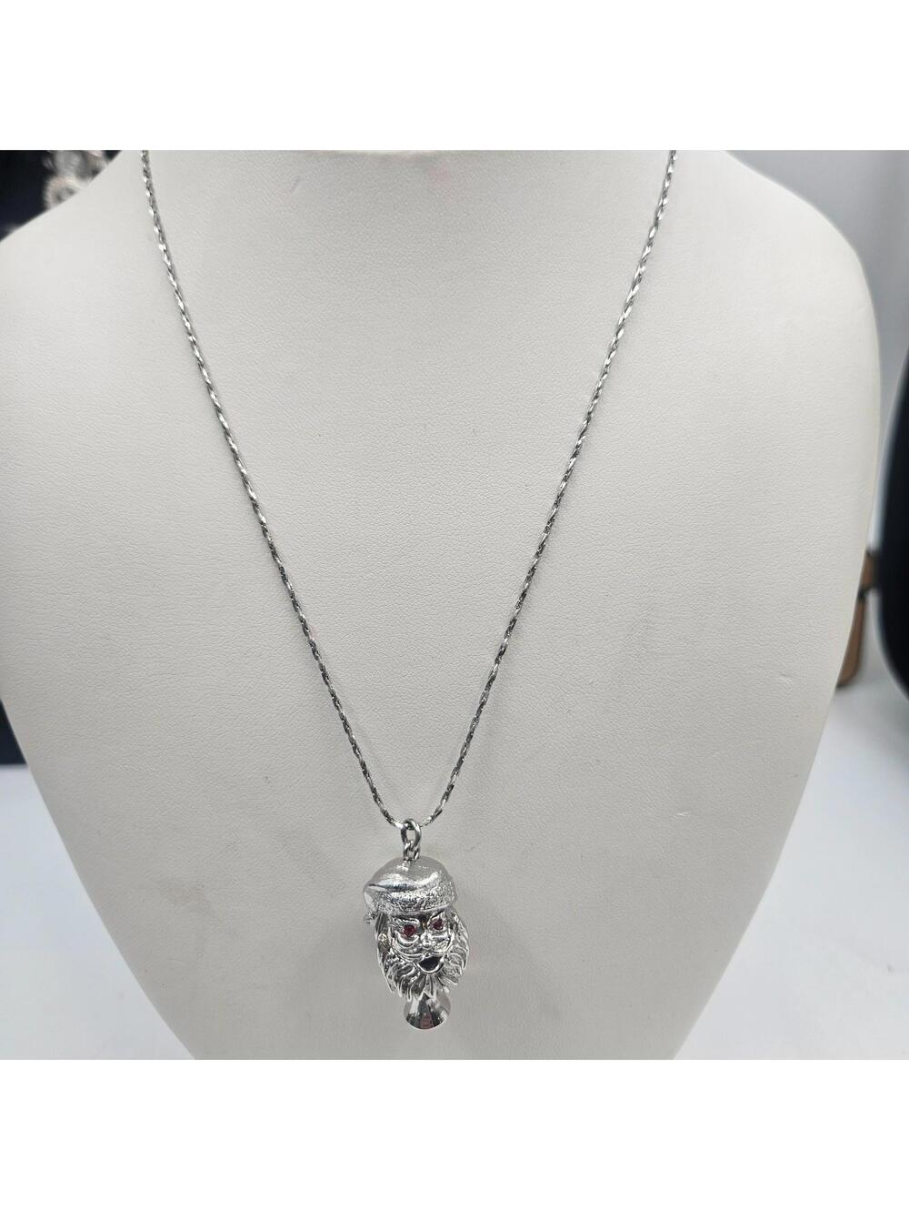 Vintage Christmas Pendant Necklace w/ Dangling Bell Santa Red Rhinestone Eyes